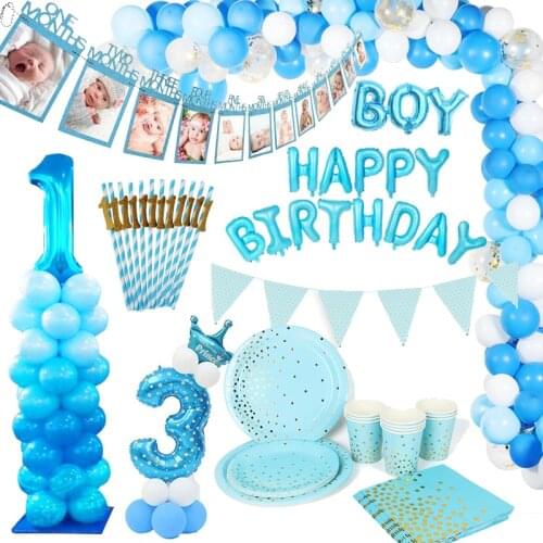Blue happy baby shower boys birthday pull flag banner balloon garland 1 age birth day 12month photo frame first party decor 1st