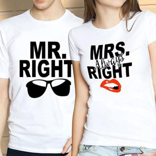 Funny Letters Couple T Shirt Summer Fahsion White Unisex T Shirt Cotton Mr Right Mrs Always Right Glasses Red Lip