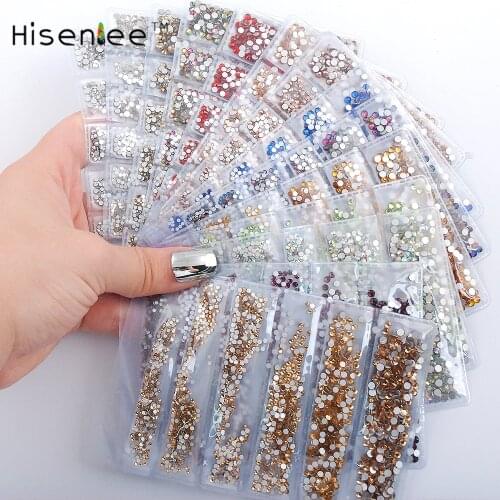 Hisenlee Top Quality 31 Colors SS3-SS10 Small Sizes Nails Art Crystal Glass Rhinestones For Nails 3D Nail Art Decoration Gems
