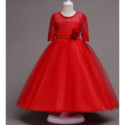 Summer hot-selling middle-aged childrens pure color lace dress Korean girl middle-sleeved dress childrens mesh dress