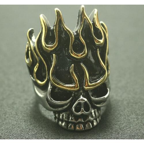 Mens 316L Stainless Steel Biker Newest Flaming Skull Ring Newest Gift