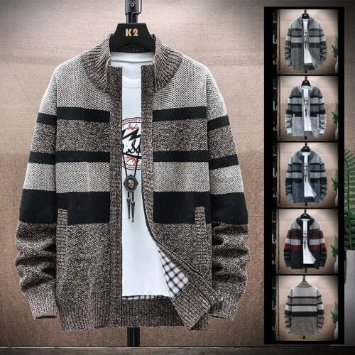 Mens sweater Winter fleece thick wool zipper sweater Spring and Autumn patched striped cardigan Fashion casual jacket