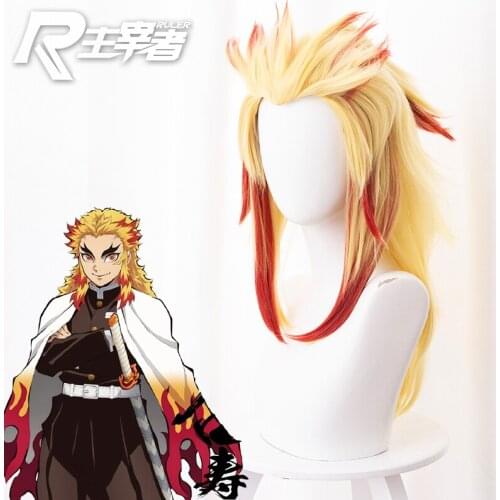 Wigs Prop!!! Demon Slayer:Kimetsu No Yaiba Rengoku Shinjurou Cosplay Yellow Highlights Red Medium-Length Hair+ Small Ponyta