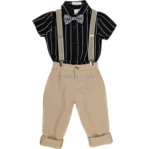 Boys School Uniform Kids Formal Strap Shirt +Pants Clothing Set Children Wedding Birthday Dress Piano Dance Performance Costume