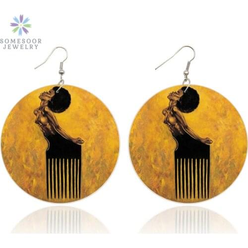SOMESOOR Retro African Comb Wooden Drop Earrings Afrocentric Ethnic Natural Hair Wood Printed Jewelry For Black Women Gift 1Pair