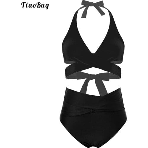 TiaoBug Summer Women Floral Print 2Pcs Swimwear Bathing Suit Push-Up Halter Bandage Top Ruched Bikini Bottom Beach Sets
