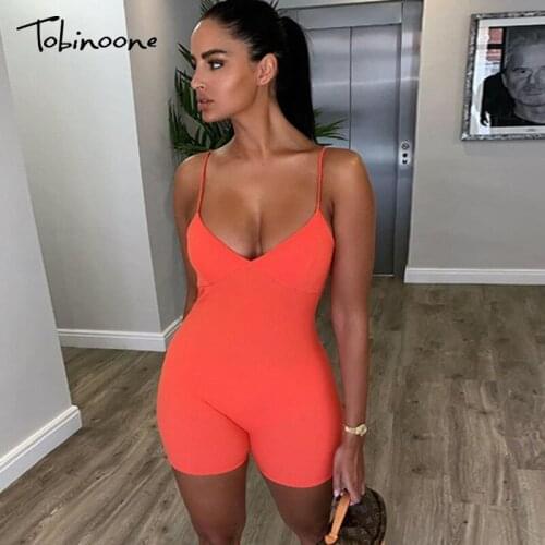 Tobinoone Sexy Strap V Neck Ribbed Knitted Playsuit Women Solid Backless Bodycon Rompers Fitness Clothes Summer Skinny Jumpsuit