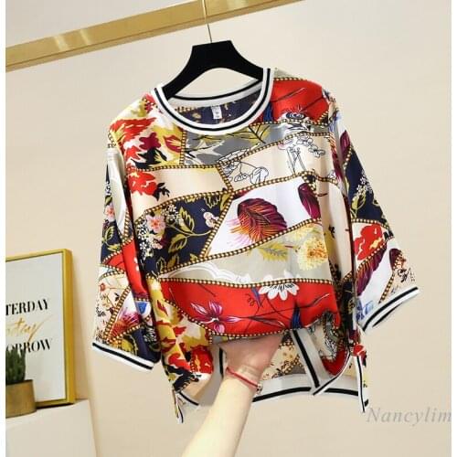 Pullover Blouse Woman Spring and Summer 2021 New Retro Loose Large Size Casual All-Match Round Neck Chiffon Shirt 3/4 Sleeve