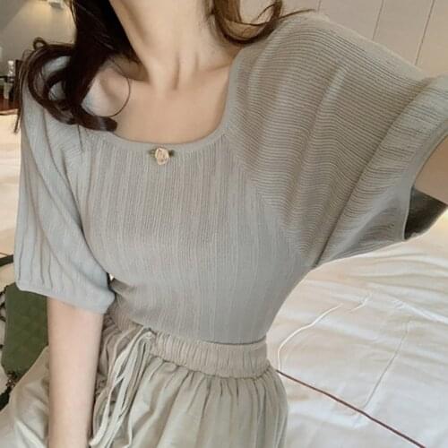 Women Square Collar Elegant Tshirt Solid Color Korean Style Summer Short Sleeve Ladies Tee Shirt