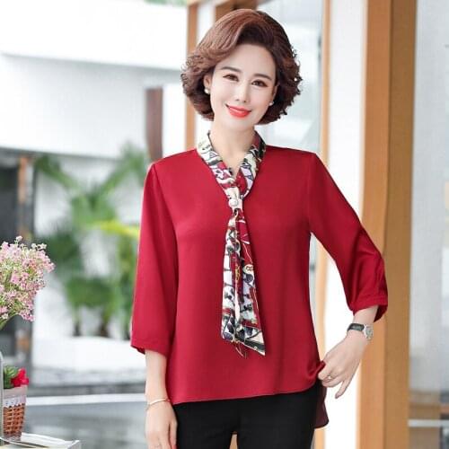 3/4 Sleeve Blouse Women Autumn Spring Tie Collar Shirts Office Work Blouse Solid Vintage Blouse Shirts Plus Size 5XL Clothes