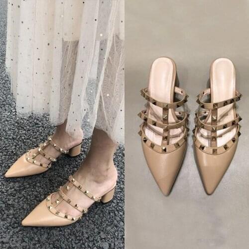 Lucky2021 Rivet Half Pointed Leather Outer Slipper Womens Bag Head Sandal Thick Heel Summer 4241 Lazy Man