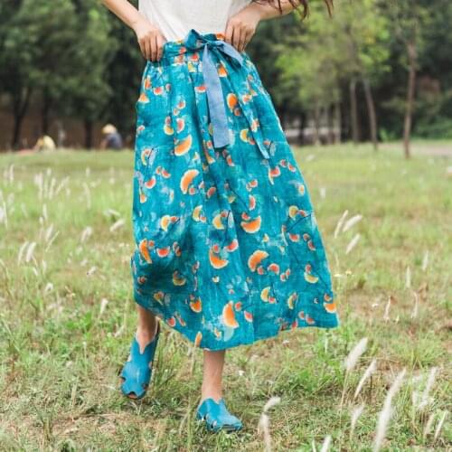 Women Summer Printed Elastic Waist Skirts Ladies Vintage Skirt Female Ramie Skirts 2021