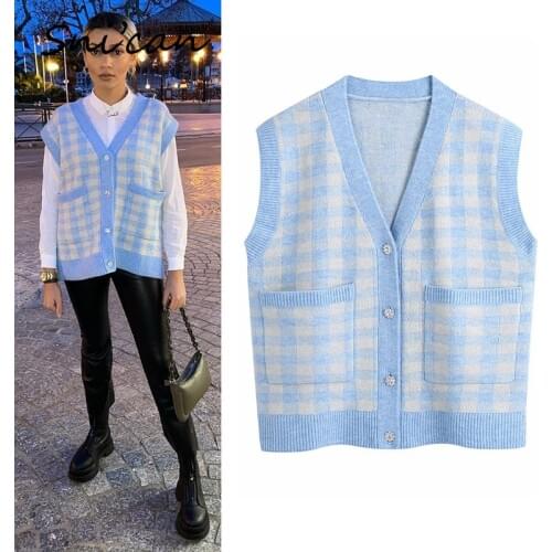 Snican Blue Plaid Sweater Vest Za Top 2021 Women Spring Fashion Casual Sleeveless Cardigan Ladies Gilet Hiver Femme Chandails
