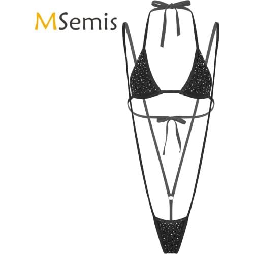 Womens Sexy Lingerie Bikini Set Glitter Rhinestone Halter Neck Bra with G-string Lace-up Sunbathing Swimsuit Bikini Swimwear