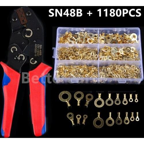 1180PCS M3/M4/M5/M6/M8/M10 Ring Lugs Ring Eyes Crimp Terminals Non-insulated Cable Lug Wire Connector Crimping Plier SN48B
