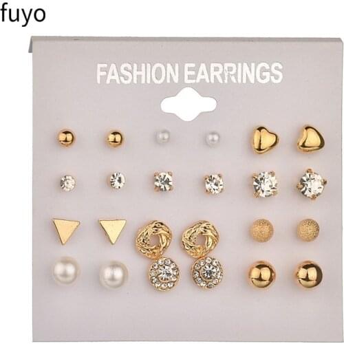 Delicate 12 pairs Women Round Crystal Heart Stud Earrings for Women Piercing Imitation Pearl Earrings Set Wedding Party