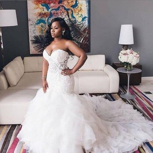 2021 African Lace Up Tiered Sweep Train Wedding Sweetheart Lace Mermaid Wedding Dresses Plus Size Bridal Gowns свадебное платье