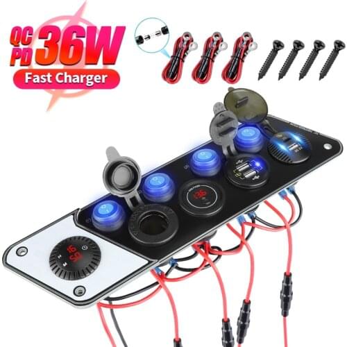 36W QC3.0 & PD Quick Charge 12-24V Voltmeter Digital Clock Cigar Lighter Power Outlet 5 Hole Panel Switch Car USB Charger Socket