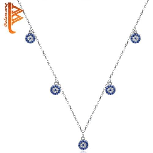BELAWANG Wholesale 925 Sterling Silver Necklaces for Women Blue Zircon Lucky Eye Pendant Necklace Link Chain Jewelry 2020