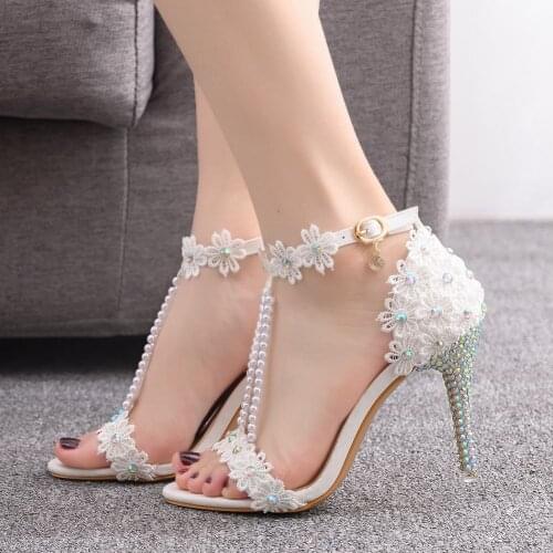 White Thin High Heels Women Sandals Beading Ankle Strap Sandals Shoes Woman Ladies Open Toe Dress Party Wedding Shoes H0005