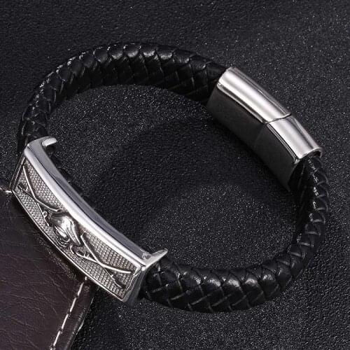 Stainless Steel Skull Accessories Leather Bracelet Men Magnetic Buckle Black Braided Leather Bangles Punk Jewelry Gifts PB0478