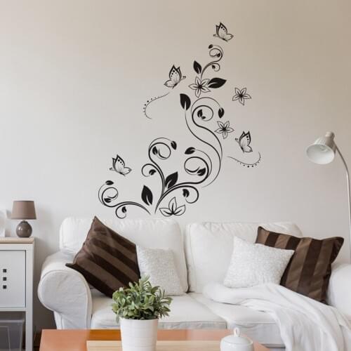 Black Butterfly flower vine wall sticker PVC material DIY art wall decals For Living room bedroom study room wall decor sticker