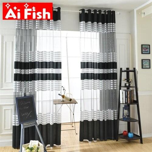 Black-gray Striped Voile Curtains Tulle Fabrics Sheer Window Curtains For Living Room Home Textiles Window Bedroom Drape ZH003-3