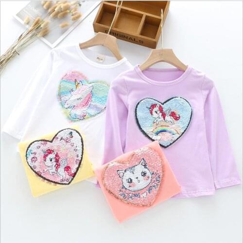 2-7Yrs Long Sleeve Girls Unicorn T-shirt Summer Girls Sequined Kids Top T-Shirts Girls Clothing