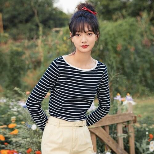 INMAN Spring Autumn Striped Cotton Fashion Slim Versatile Round Neck Bottomed Top Spring Womens T-shirt