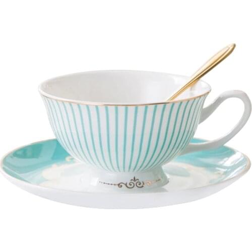 Blue striped English bone china coffee mug with spoon dish, European coffee cup and saucer set,Advanced Porcelain Mug For tea