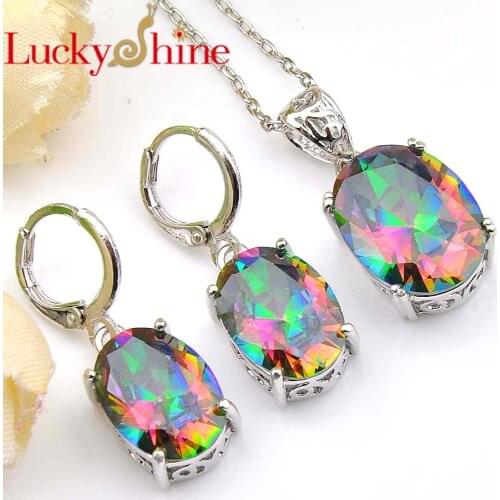 Luckyshine Holiday Gift Oval Fire Mystic Rainbow Crystal Cubic Zirconia 925 Silver Pendants Necklaces Drop Earrings Jewelry Sets