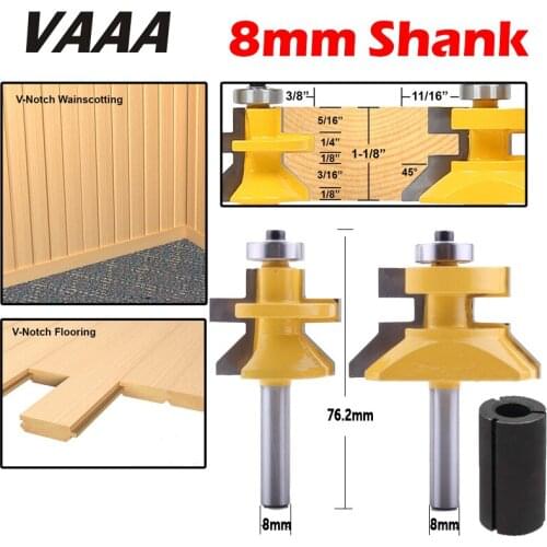 2PC 8mm Shank V Groove & Matched Tongue Router Bit Set And Adapter Bushings w/ Premium Ball Bearings Woodworking cutter