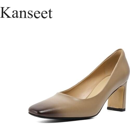 Kanseet Shallow New Womans Pumps Vintage Shoes 2021 Spring Autumn Real Leather Handmade Square Toe Concise High Heels Shoes