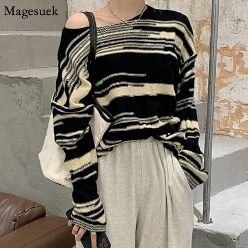 2021 Autumn Winter Pullover Christmas Sweater Women Loose Outerwear Casual Sweaters Stripe Jumper Knitted Sweater Women 12446