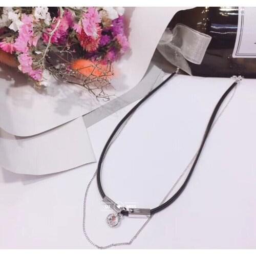 Fashion Women Two Layers Round Crystal Pendant Black Braided Choker Necklace Party Jewelry