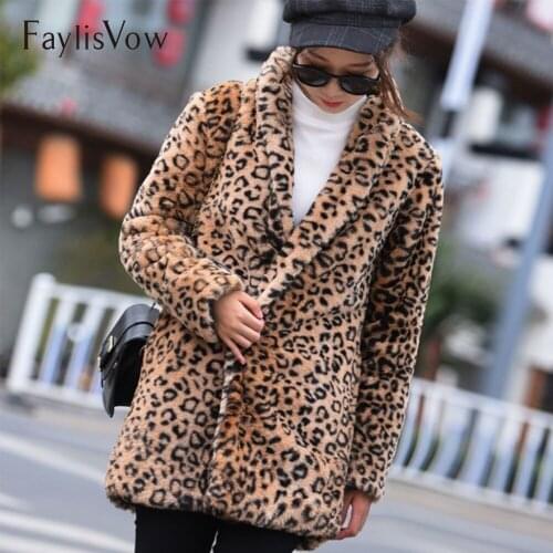 Leopard Print Faux Fur Coat Women Winter Warm Soft Turn Down Collar Fluffy Jackets Female Ladies Artificial Fur Plus Size Coats