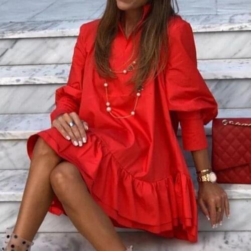 Women Elegant Solid Color Ruffle Long Puff Sleeve Large Hem Loose Mini Dress for woman parti женское платье vestidos 2020