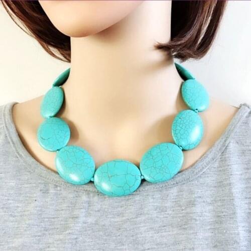 Silver Plated Stackable Oval Shape Green Turquoises Stone Pendant Necklace Ethnic Style Jewelry