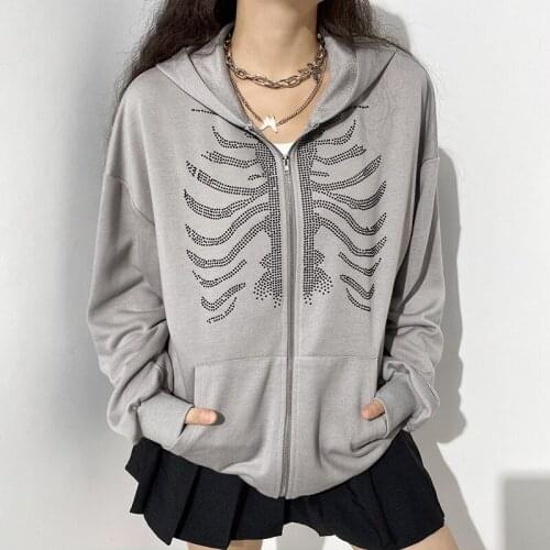 Rhinestone Skeleton Y2K 2021 Summer Zip Up Oversized Hoodie Goth Hoodies Women vintage Hooded Jacket Streetwear Grunge Clothes