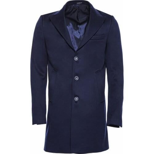 Wide Pointed Collar Navy Blue Over Knee Coat