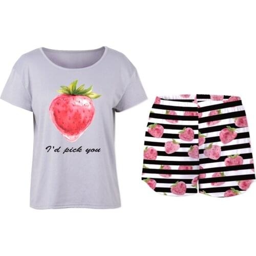 Neatie Kiddie Print Short Sleeve T-shirt Top Stripe Floral Print Shorts Sleepwear Pajamas Set For Women Casual Pajamas