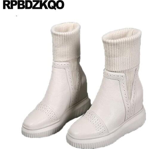 High Quality Ankle Elevator Round Toe Genuine Leather Designer Shoes Women Luxury 2021 Knit Platform Lace Up Heel Beige Boots