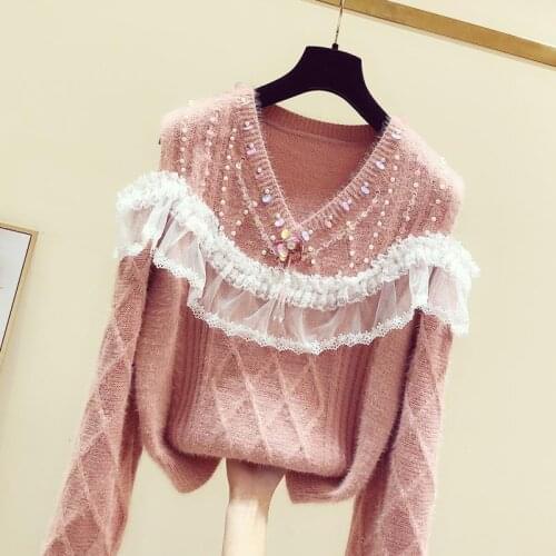 Korobov Korean Diamonds Mesh Embroidery Women Sweaters Japanese V Neck Sueter Mujer Autumn Hit Color Off Shoulder Pullovers