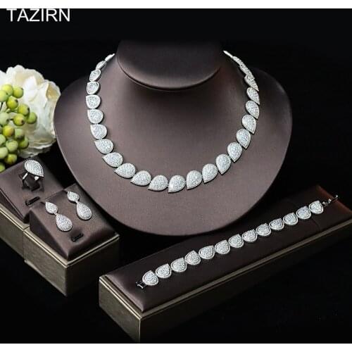 2021 Cubic Zirconia Bridal Statement Jewelry Sets CZ Necklace Bracelet Earrings Ring 3A Women Wedding Party Water Shape Gifts
