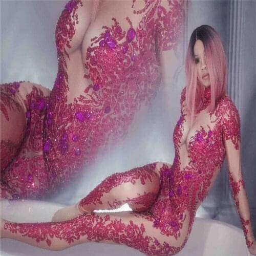 X66 Pink diamonds female bodysuit singer stage costumes dance rhinestone jumpsuit sequins tight outfits bar dress party clothing