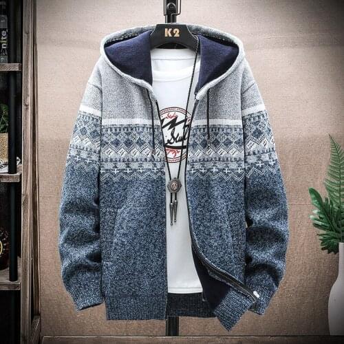 Winter Thick Mens Knitted Sweater Coat printed Long Sleeve Cardigan Fleece Full Zip Male Causal Plus Size Clothing