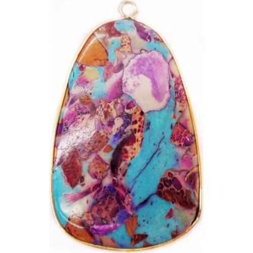 1Pcs 52x30x5mm Wholesale Purple&Blue Sea Sediment Jasper & Pyrite Teardrop Metal Package Edge Pendant Jewelry Accessories S842