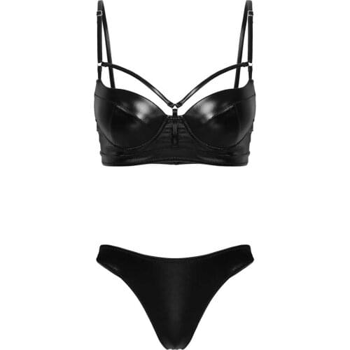 2Pcs Womens Latex Leather Summer Swimsuit Swimwear Bathing Suit Set Push up Padded Underwired Bra Top with High Cut Thong Bikini