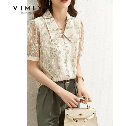 VIMLY Blouse For Women Elegant Chiffon Blouses Casual Button Short Sleeve Floral Blusas Office Lady Shirts Female Tops F8086