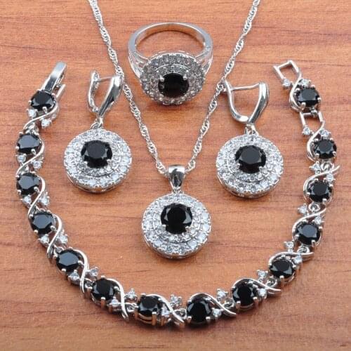 AAA+ Quality Black Zirconia Jewelry Sets For Women Bridal Crystal Earrings Necklace Pendant Ring Bracelets JS0270